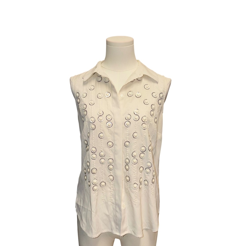 Ann Taylor Sleeveless Top Womens 0 Ivory Good Embellished Button Down Blouse